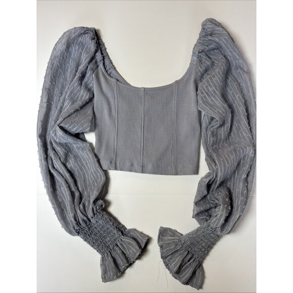 Urban Outfitters Blue Gray Crop Top With Sheer Puffy Sleeves XS - Picture 1 of 10